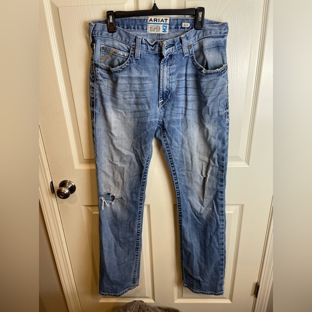 Ariat M2 Traditional Relaxed Boot Cut 34 x 34 Men's Blue Distressed Jeans